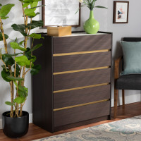 Baxton Studio LV25COD25230-Modi Wenge/Marble-5DW-Chest Walker Modern and Contemporary Dark Brown and Gold Finished Wood 5-Drawer Chest with Faux Marble Top 